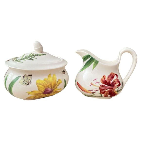 Spode Floral Haven Creamer & Sugar Bowl Set Butterfly Bee England Repaired - Picture 2 of 7
